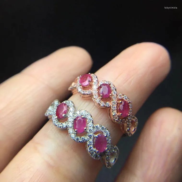 رواتب الكتلة Ruby Ring طبيعية وحقيقية 925 الجنيه الفضي الفضة المجوهرات 3 4mm 3pcs