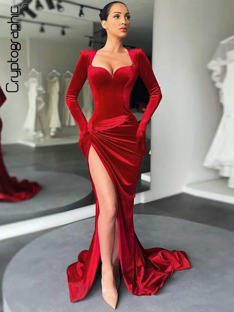 Casual Dresses Cryptographic Elegant Gown Long Dress Evening Club Outfits for Women Gloves Sleeve Velvet Sexy Slit Maxi Dresses Ruched Dresses 230113