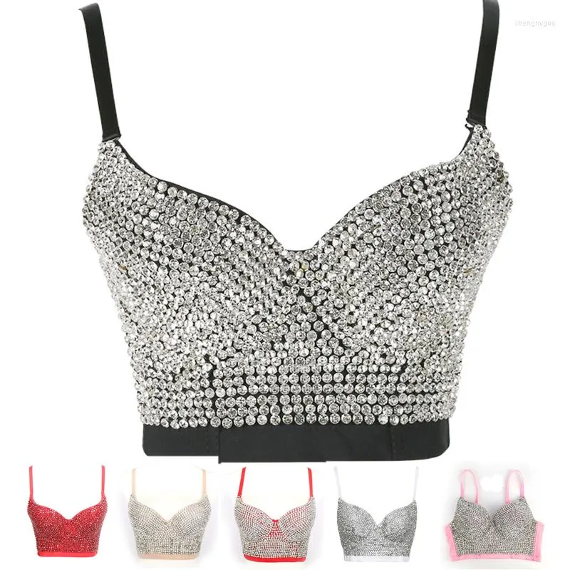 Canotte da donna Top estivo da donna Top corto da cocktail Perline Cinturino per spaghetti Senza maniche Reggiseno sexy Canotta Festa di nozze Ritagliata Pieno di strass