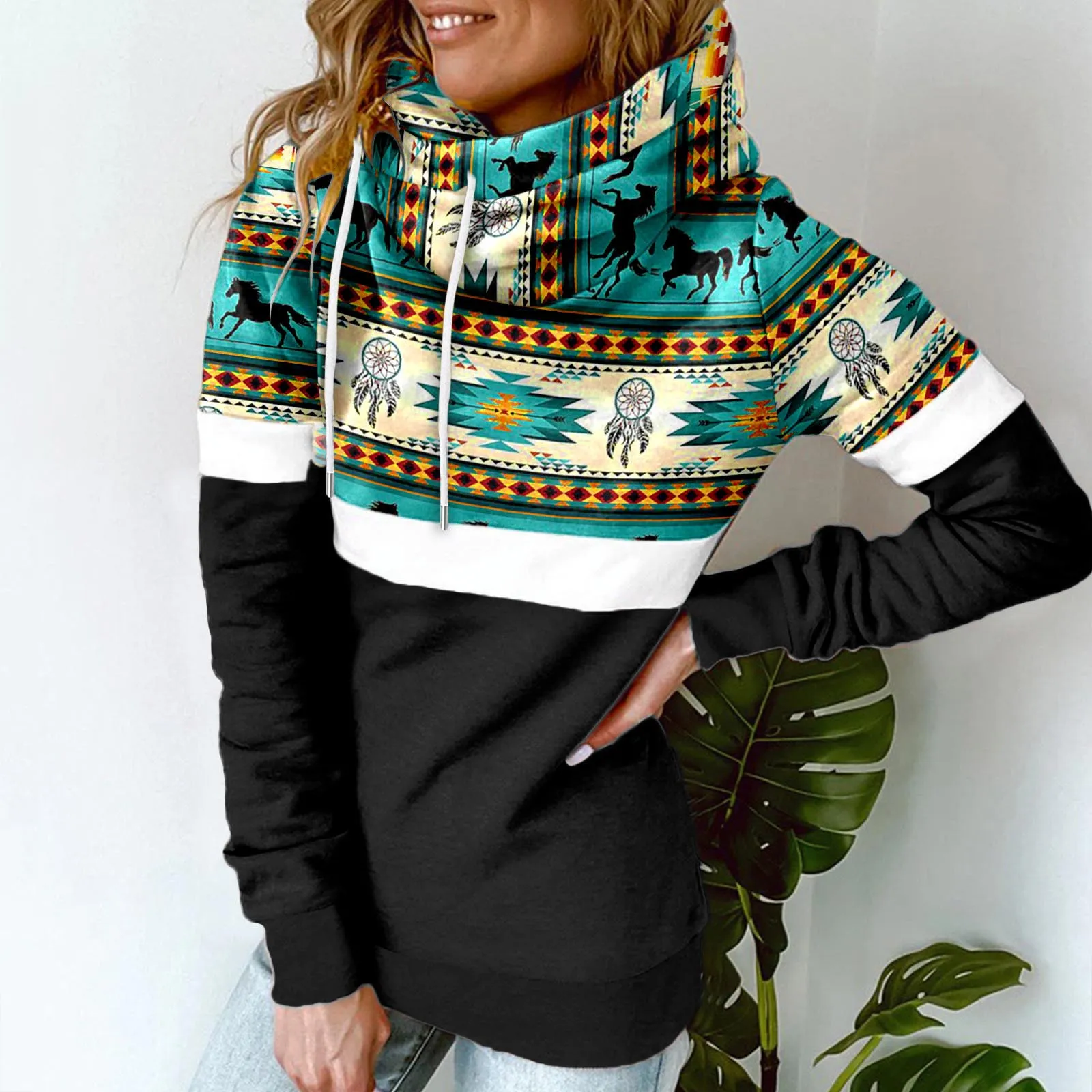 Womens Hoodies Sweatshirts Womens Geometric Pattern Warm Scarf Neck Hoodie Pullover Vintage Western Ethnic Style Aztec Print Drawstring Hooded Sweatshirt 230113