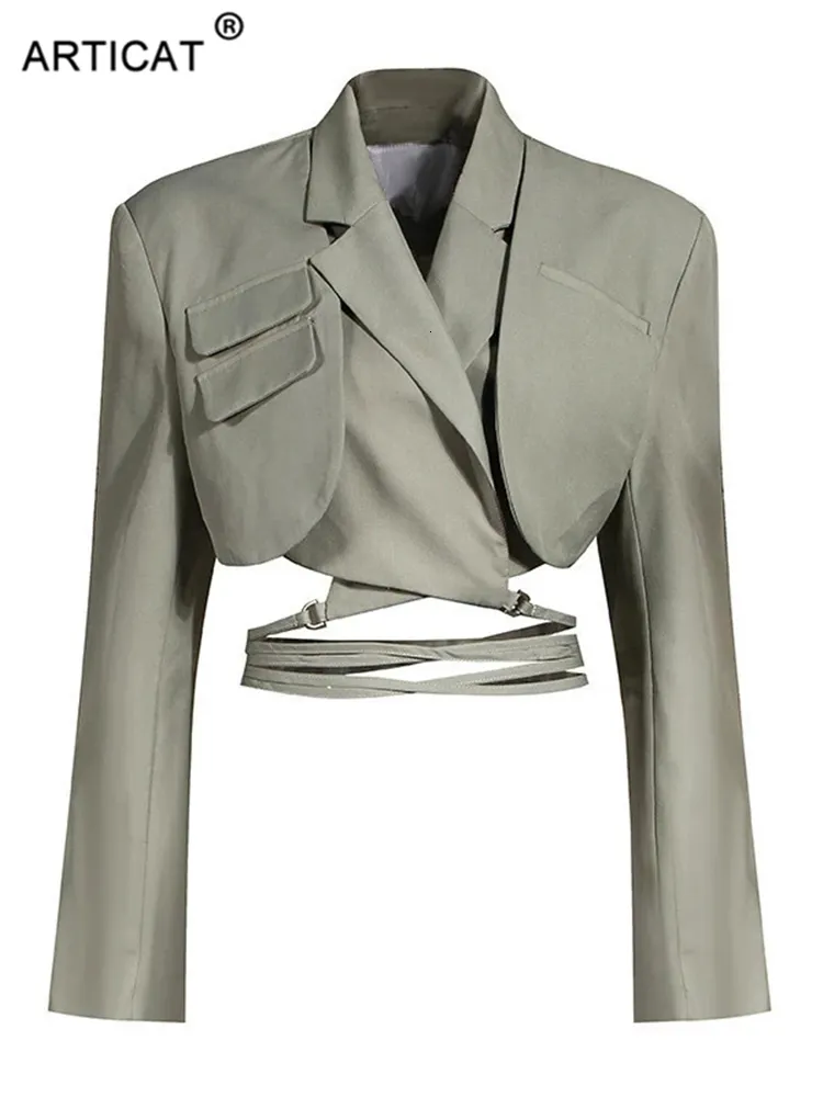 Womens Suits Blazers Articat Gray Double Layer Bandage Slim Blazer Women Long Sleeve Pocket Short Jacket Female Notched Collar Outwear Tops 230113