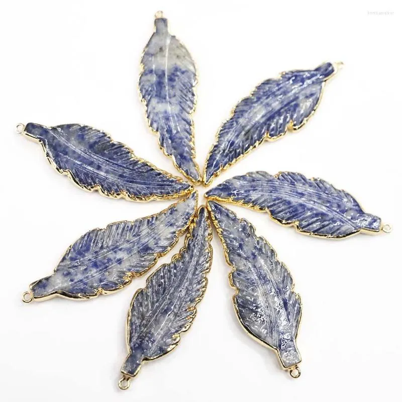 Pendant Necklaces Fashion Natural Sodalite Stone Leaf Feather Necklace Sweater Chain Stylish Charms DIY Jewelry Accessories Wholesale 4Pcs