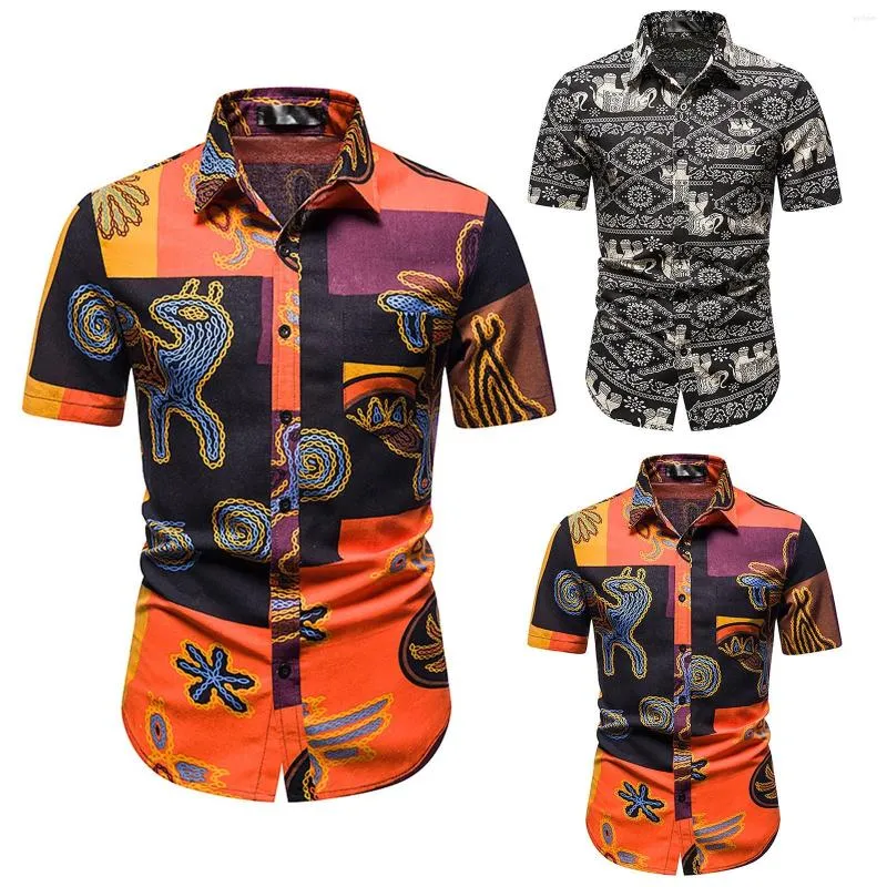 Erkekler Sıradan Gömlek Erkek Gömlek Vintage Yaz Moda Kısa Kol Afrika Etnik Tarz Hawaii Pamuk Giyim Giysileri Camisa