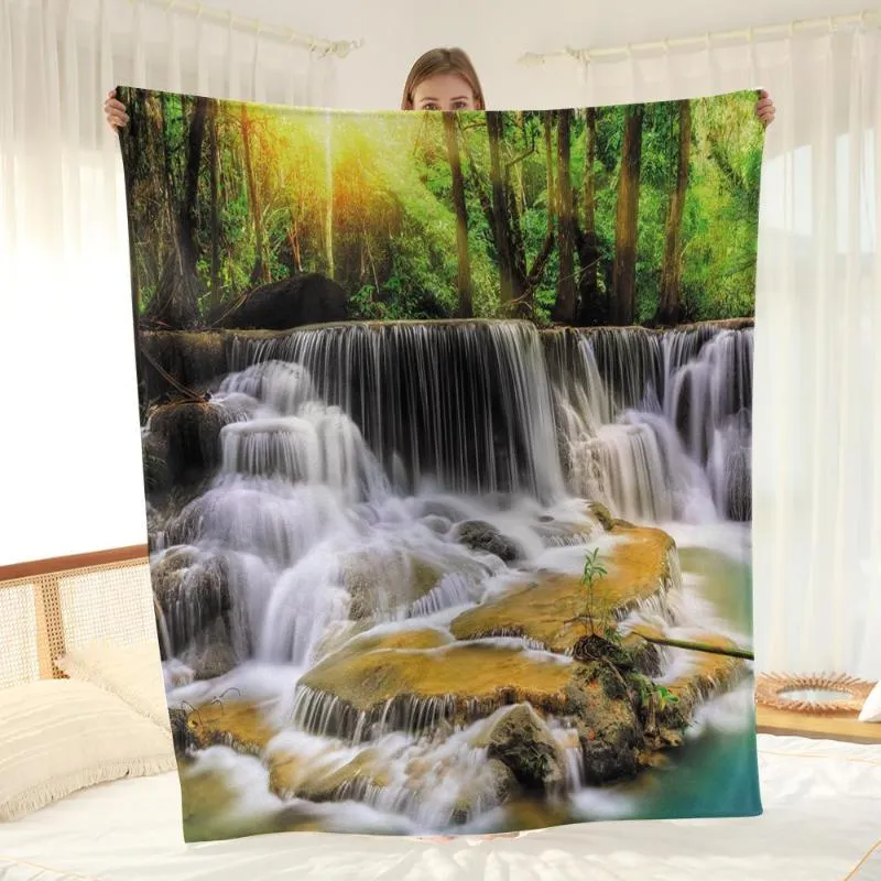 Blankets BBSET Winter Flannel Throw Blanket Sofas Boho Travel Decorative Nature Print Waterfall 3D