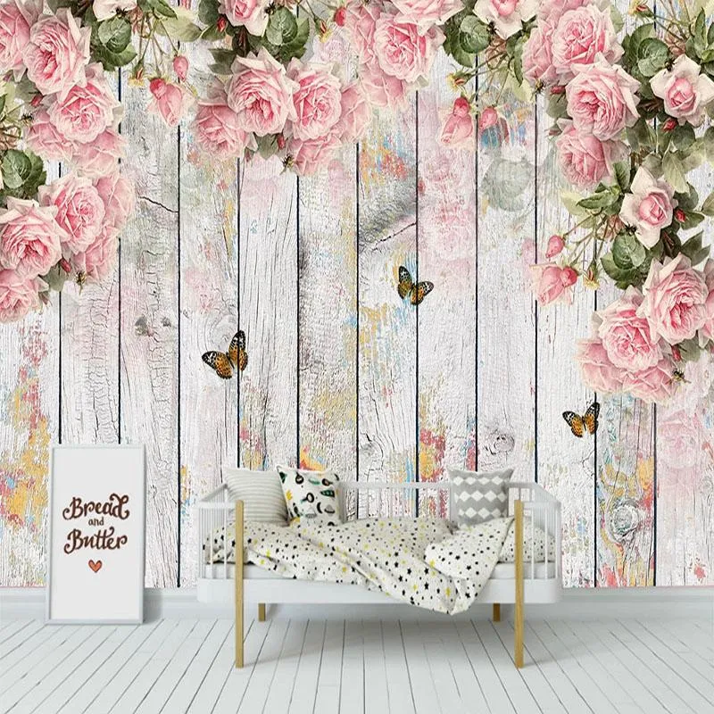 Papéis de parede Papão de parede de mural personalizado 3d Flor rosa pássaro Butterfly Placa de madeira Pintura de parede sala de estar quarto decoração romântica Decoração