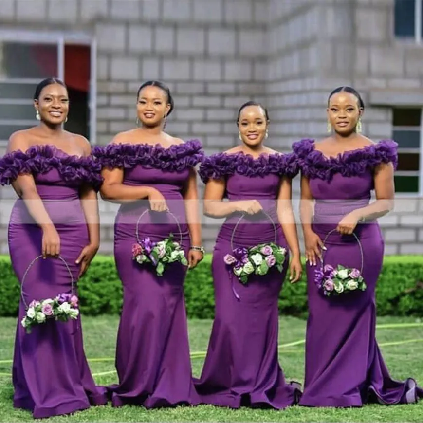 Ruffles Dark Purple Bridesmaid Dresses Off Shoulder Plus Size Mermaid African Women Long Wedding Party Dress Robe De Soiree