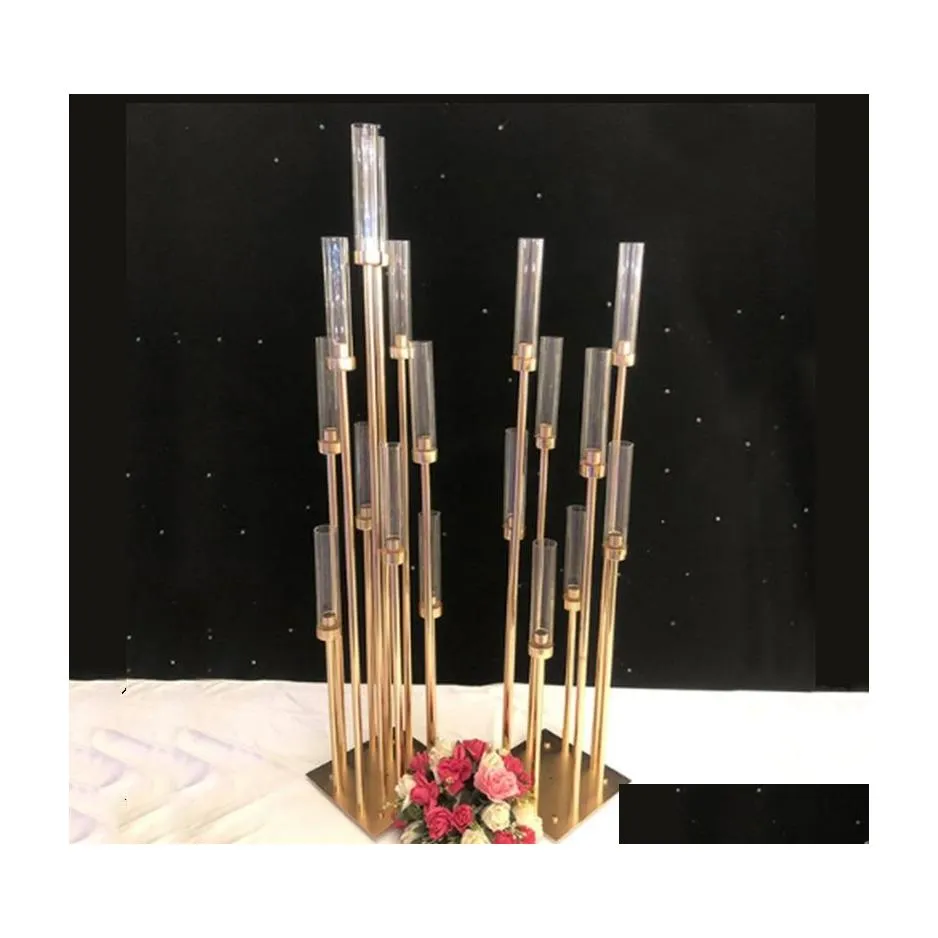 Partijdecoratie 10 koppen metalen Candelabra kaarsenhouders weg lood tafel middelpunt Gold Candelabrum Stand Pillar Candlestick voor DHPEG