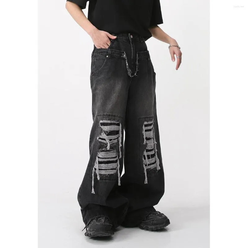 Men's Jeans Hip Hop Ripped Men Distressed Harajuku Baggy Trousers Loose Straight Streetwear Hole Blue Male