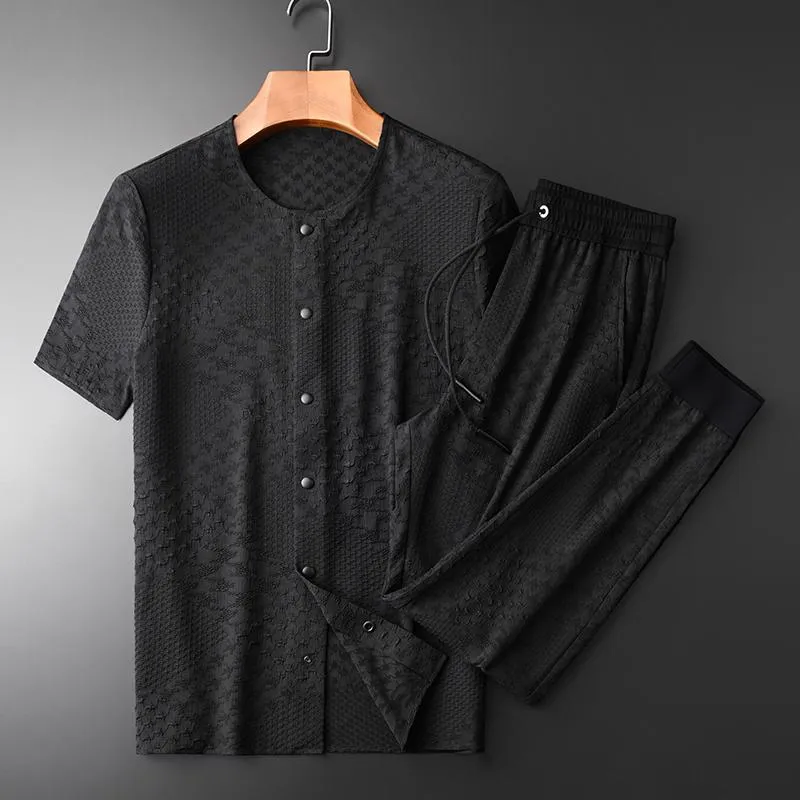 Herrspårar 21C Summer Mens Set (T-shirt byxor) Lyxgarnfärgad enkelbröstkort ärmman plus storlek 3xl 4xl Slim Fit