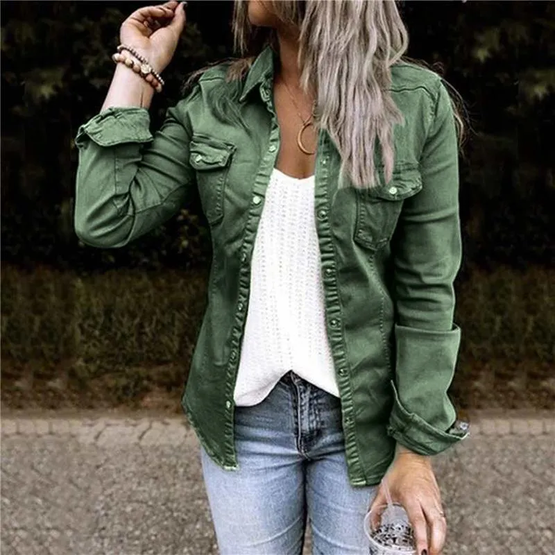 Women's Jackets Denim Coat Women Turn Down Collar Pockets Long Sleeves Overcoat Ladies Street Single Breasted Jacket