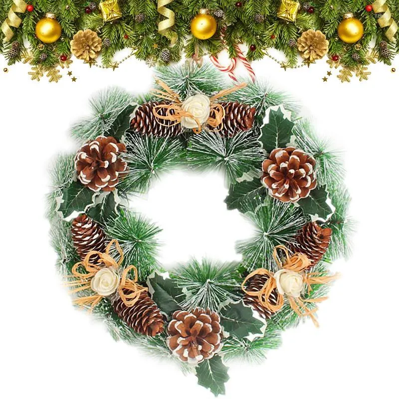 Decorative Flowers Christmas Wreath Decoration Handcrafted With Pine Leaves Cones And White Roses For Door Hanging