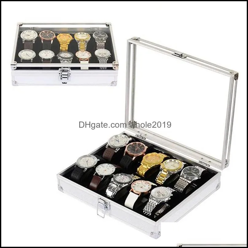Oglądaj skrzynki skrzynki do użycia aluminiowe zegarki pudełko 12 gniazda siatki biżuteria wyświetlacz magazyn kwadratowy zamsz w środku uchwyt rec upuść zależność OTC1Q