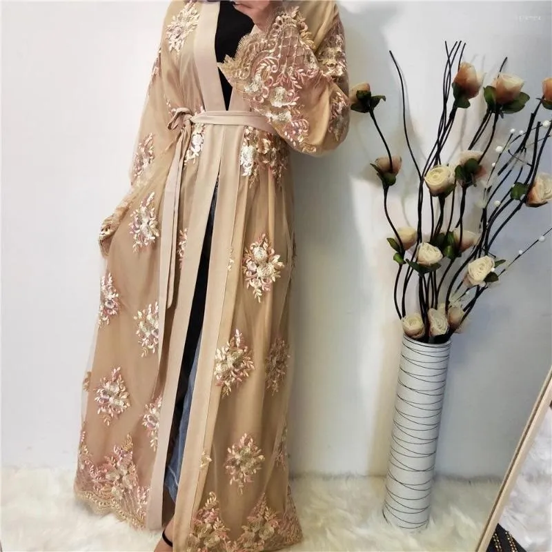 Etnische kleding Midden Wepbel Flower Borduurde East Fashion Women's Abaya Mesh Floral Cardigan Robe Women Long Open Jurk