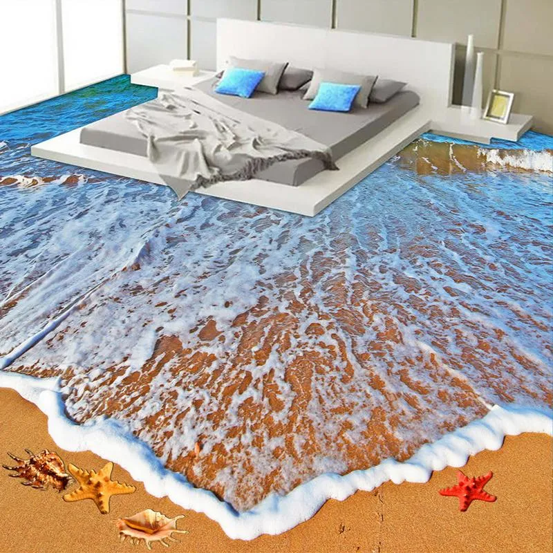 Tapeten PVC Selbstklebende wasserdichte 3D-Bodenfliesen Wandpapieraufkleber Modernes Badezimmer Wohnzimmer Strand Meer Welle PO Wandbilder Tapete