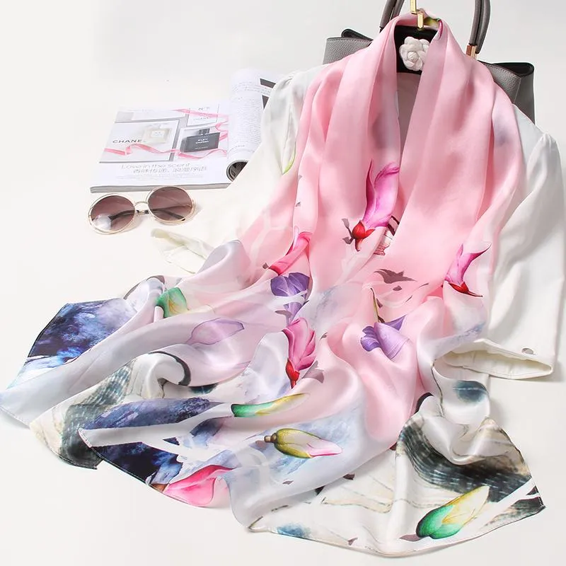 Foulards Foulard en soie véritable Femmes Imprimer Satin Châle Wraps Doux 2023 Pure Naturel Long Foulard Pour Dames