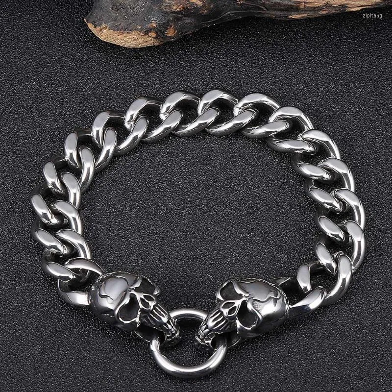 Bracelets à maillons Bracelet tête de mort en métal de haute qualité hommes chaîne cubaine couleur argent avec fermoir à ressort