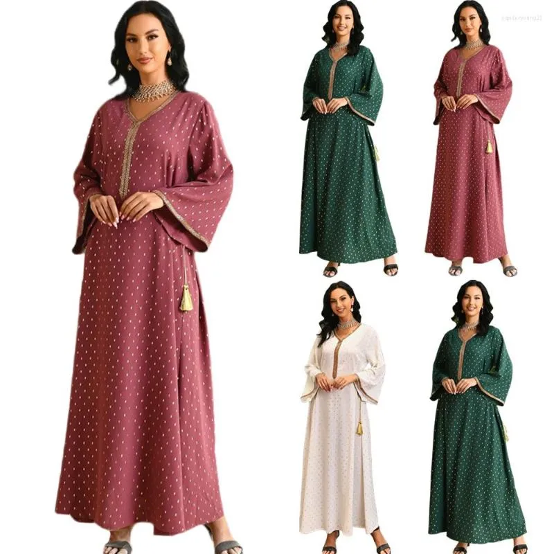 Abbigliamento etnico Stampaggio oro Jalabiya Kaftan Dress Donna Dubai Abaya Casual Modest Robe Musulmano Arabo Marocchino Caftan Party Turchia Autunno