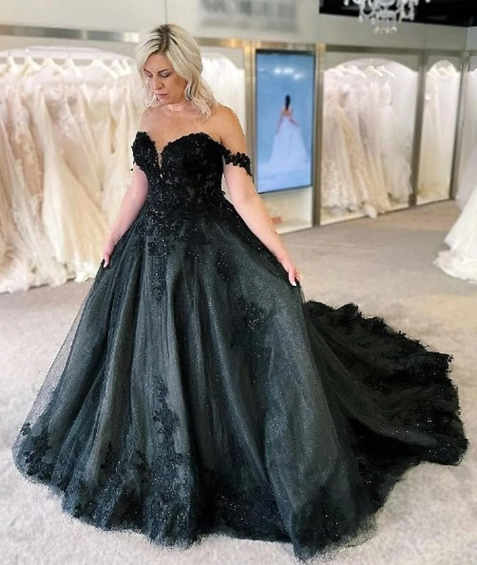 Belt Off The Shoulder Black Appliques Satin A Line Prom Dress Belt Off The Shoulder Black Appliques Satin A Line Prom Dress