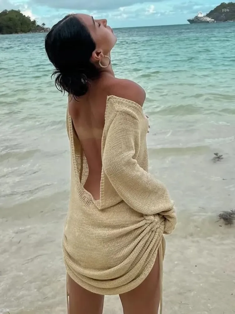 Casual Dresses Jastie Sexig dragsko rygglös stickad av axeln långärmad miniklänning för kvinnor Boho Beach Holiday