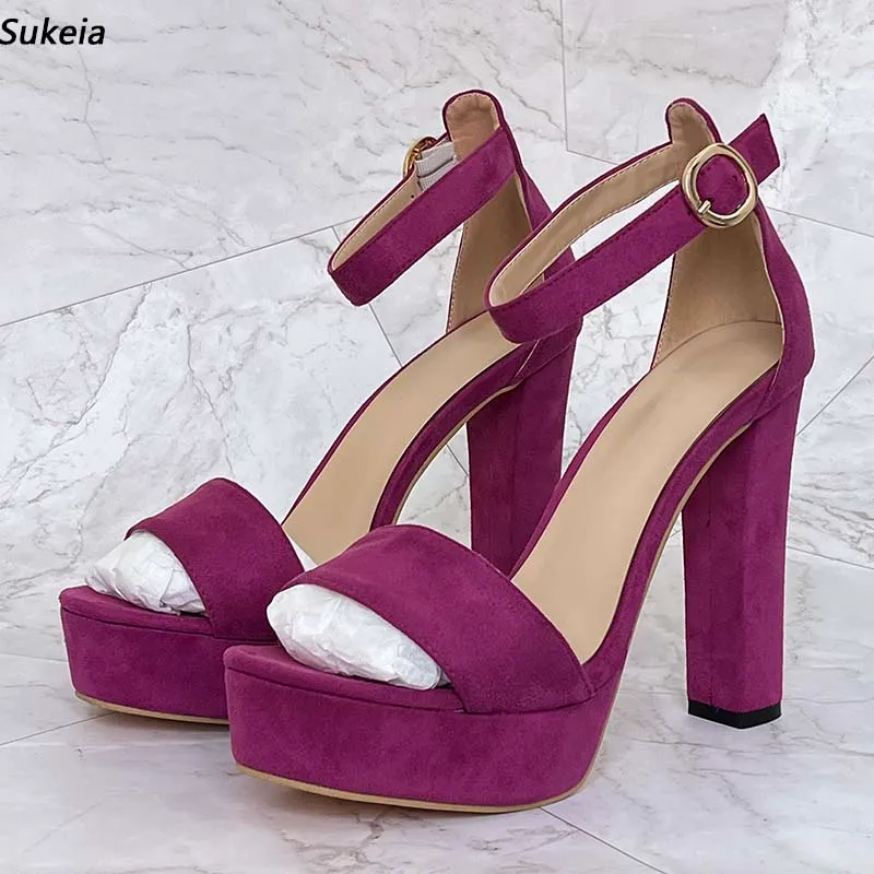 Sukeia Women Ankle Strap Sandals Faux Suede Chunky Heels Open Toe Beautiful Purple Party Shoes Ladies US Plus Size 5-20