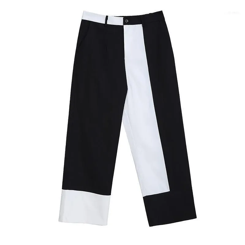 Kvinnor Pants Capris Hit Color Design Black and White Patchwork Long Straight High midjextlås Lamer Stylish Streetwear Trousers