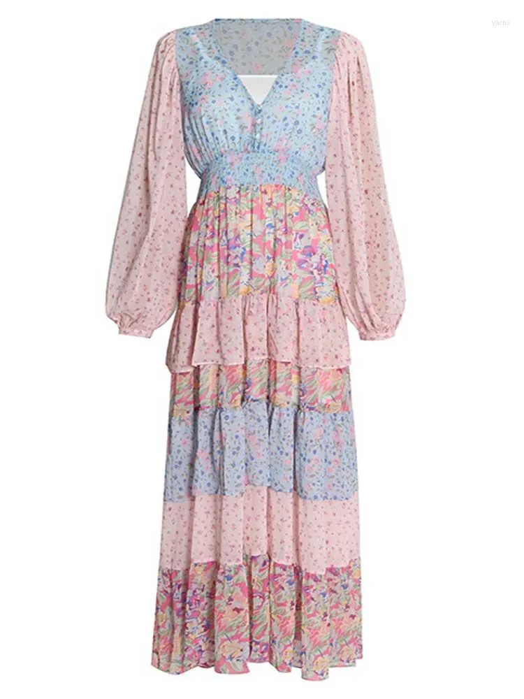 Robes décontractées Boho inspiré robe à volants femmes manches longues col en V taille élastique maxi mousseline de soie printemps été chic fête