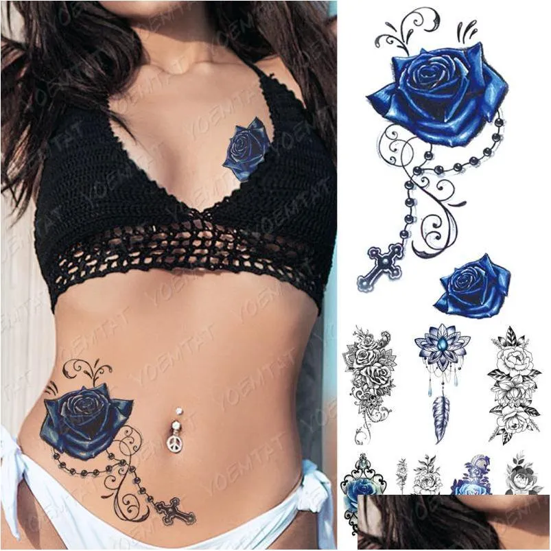 Geçici dövmeler su geçirmez dövme çıkartması mavi gül şakayık çiçekleri flaş çapraz şunlarla vücut sanat kolu sahte kollu tatoo kadın erkekler dhaq8