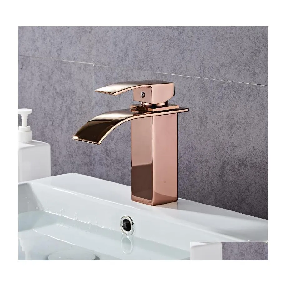 Rubinetti per lavabo da bagno Rubinetto in oro rosa Lavabo in ottone Rubinetto per miscelatore a cascata e freddo Miscelatore monocomando montato su piattaforma Drop Delivery Giardino domestico Dhkpv