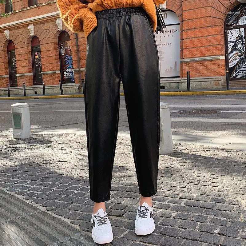 Kvinnors byxor chic hög midja faux läder kvinnor blyerts lösa kontor damer streetwear fickor byxor plus storlek avslappnad svart capris