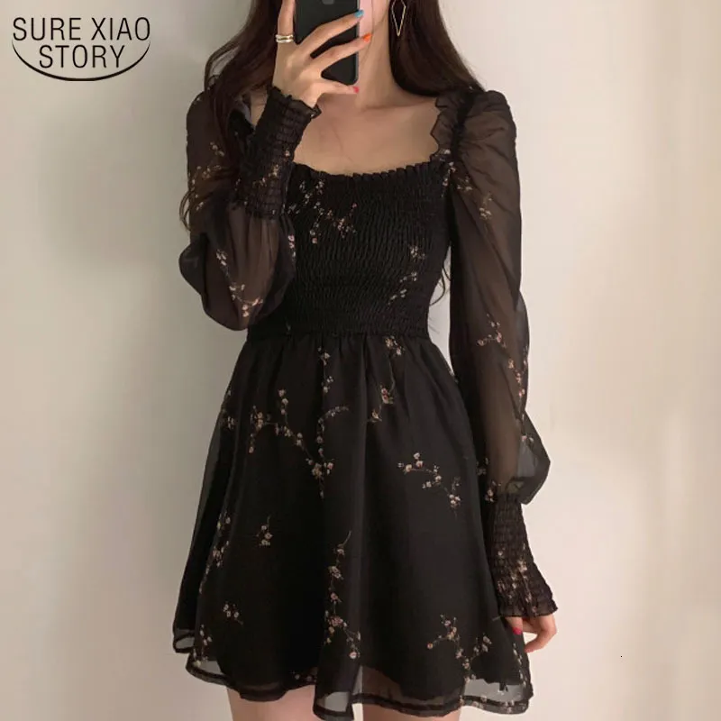 Casual Dresses Spring Womens Sexy Black Dress Vintage Flower Long Puff Sleeve Chiffon Dresses Korean Casual Mini Vestidos Mujer Clothes 13676 230113