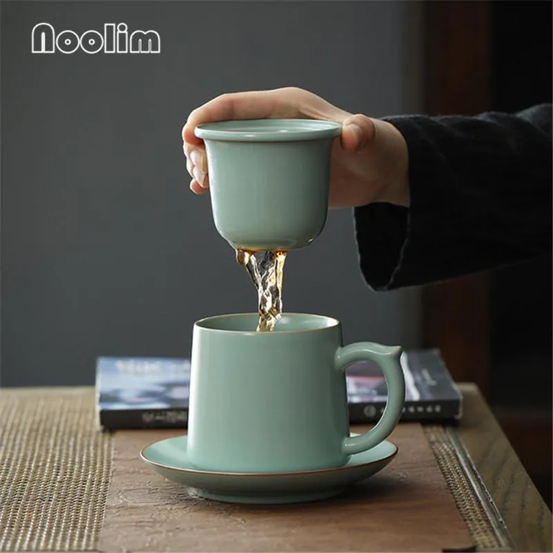 Mugs Ceramic Ru Kiln Office Teacup Tea Water Separation Cup With Lid Simple Filter Drinking Strainer Coffee Mug Drinkware 450ML