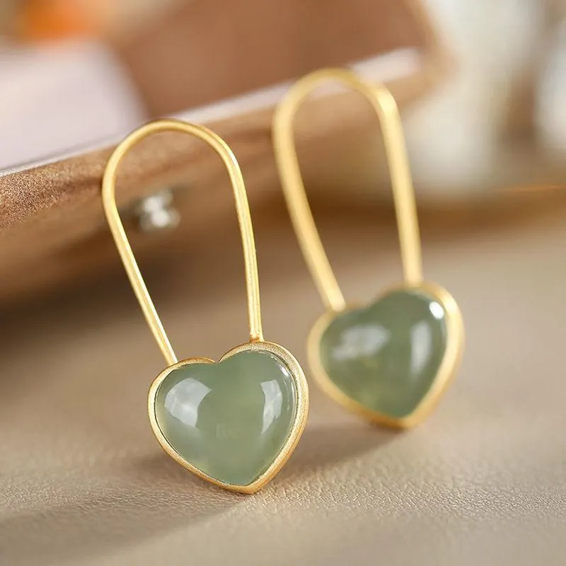 Orecchini pendenti Lampadario Argento intarsiato Giada di Hetian naturale Ganci per le orecchie a forma di cuore Cinese Retrò Romantico Piccola Fata fresca Carino Donna