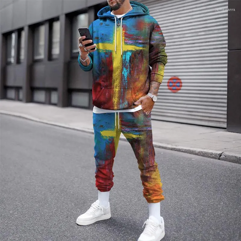 Autumn Winter Mens 3D Cross Printed Tracksuit Set With Long Sleeve