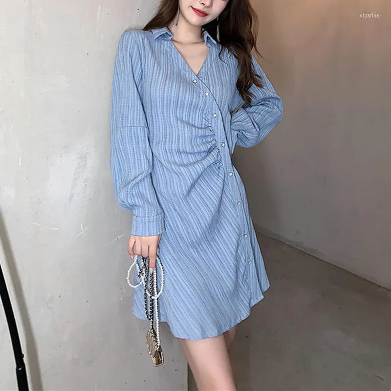 Robes décontractées col en v femmes Mini robe dames automne mince coréen Harajuku manches longues rayé plis simple boutonnage jupe