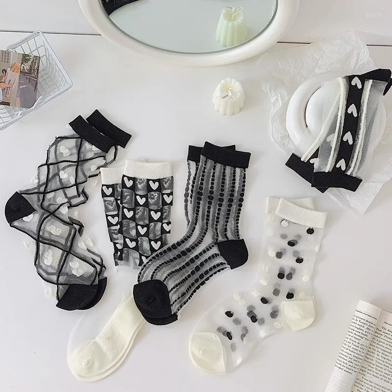 Women Socks Fashion Summer Woman Casual Black White Crystal Silk Cotton Bottom Ultra-thin Transparent Harajuku Crew