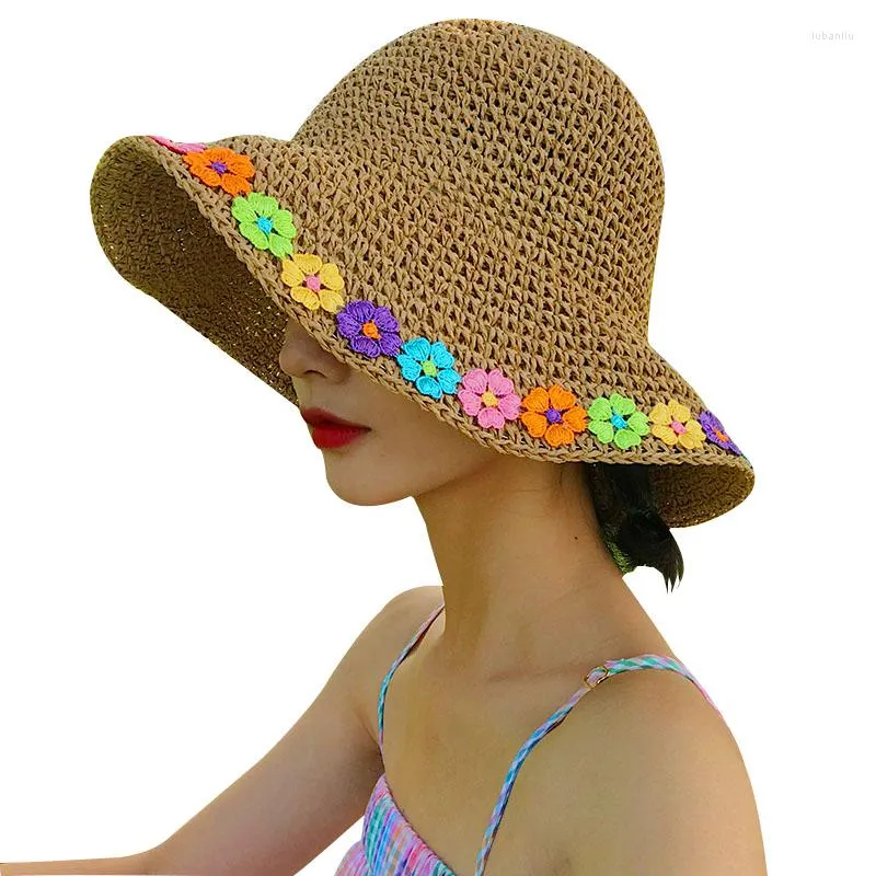 Breda randen hattar förälder-barn raffia blommor sol hatt floppy sommar för kvinnor strand panama halm kupol hink femme skugga