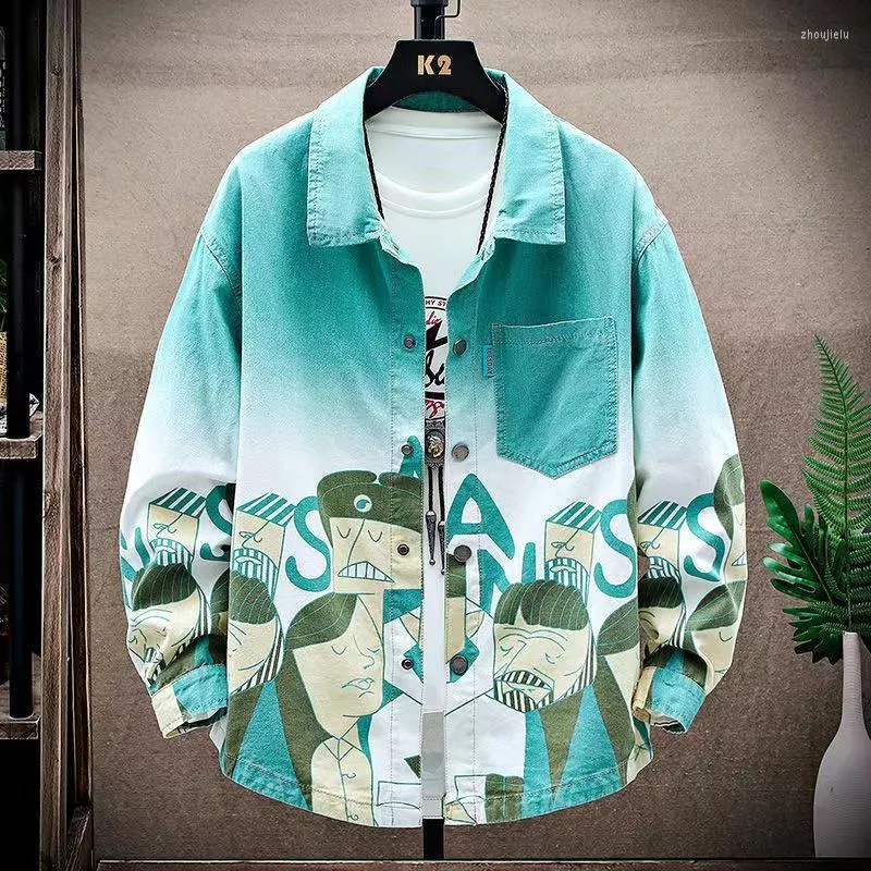 Casual shirts voor heren tiener denim lange mouwen lentetrend gradiënt gedrukt werk losse Japanse jassen