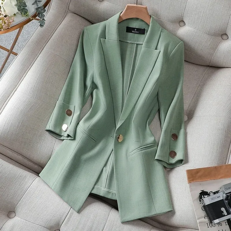 Dames pakken blazers zomer stevige kleur elegante groene blazer casual dunne dames jas dames Koreaanse stijl vneck kantoor dame suit jas 230113