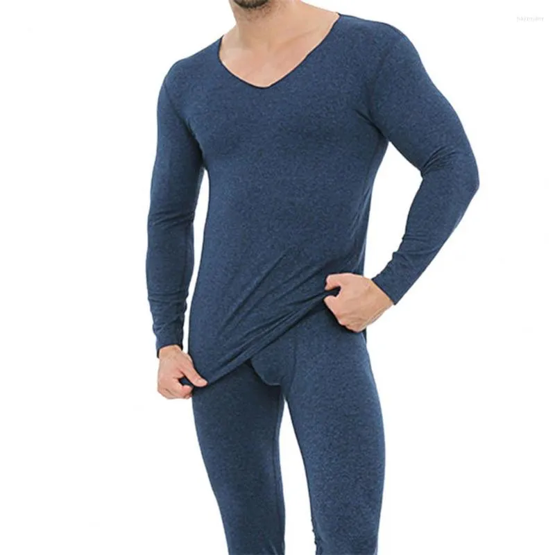 Sous-vêtements 2 pièces hommes épais sous-vêtements thermiques ensembles couleur unie col en V grande taille sans couture ajustement en peluche pour dormir