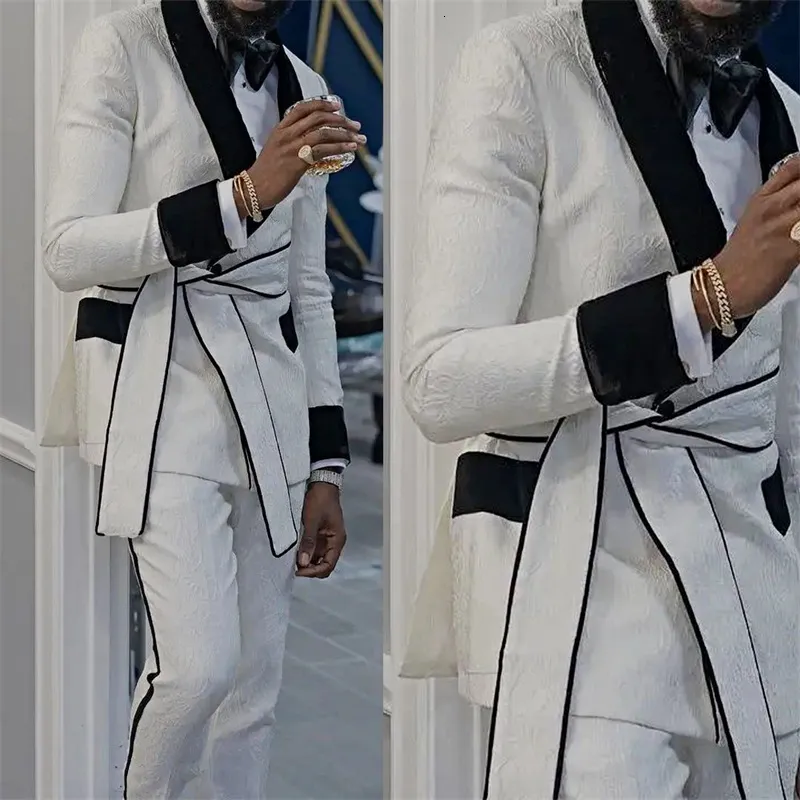 Nya mäns 2024 kostymer blazers kostym homme jacquard designer män passar med bälte smal passform 2 bit bröllop tuxedo skräddarsydd prom party manliga kläder 230114 30114