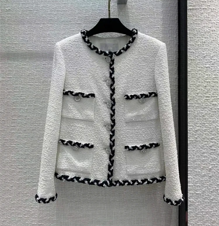 Wool & Blends Europe and the United States women's 2022 winter new Long sleeve single breasted white multi pocket fashion Tweed coat