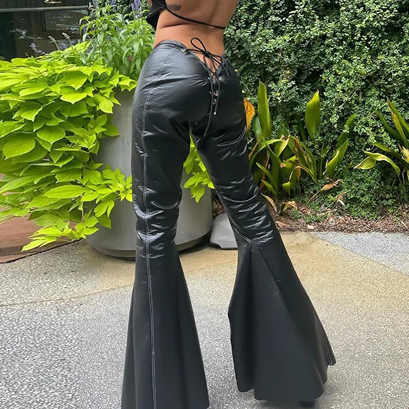 Y2K Vintage Black PU Leather Flare Flared Leather Trousers For 