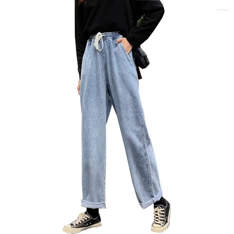 Kvinnors byxor 2023 Spring Autumn Women Wide Leg Jeans Elastic midja Vintage Denim DrawString Ankle-Length Trousers CL854