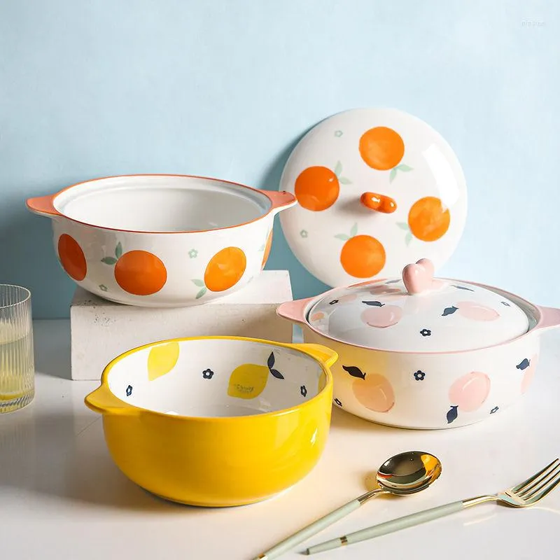 Bowls Cute Binaural Soup Bowl Large With Lid Ceramic Pot Home Creative Instant Noodle Tableware Cartoon Fruit Elements