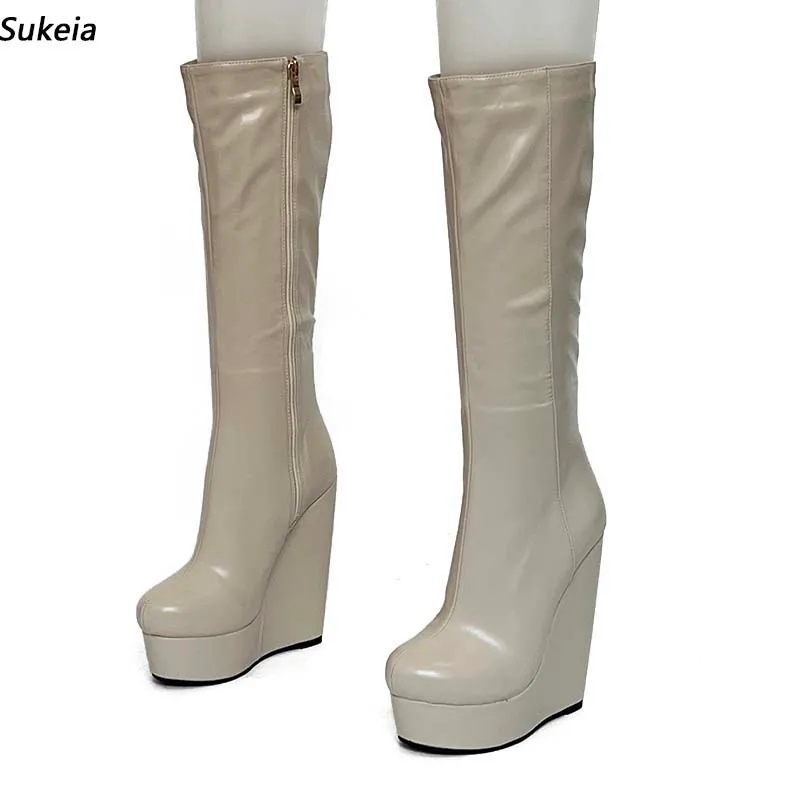 Sukeia feita ￠ m￣o mulheres botas de joelho de inverno redondo com z￭per completo saltos de calcanhares bonitos e cinza sapatos casuais, senhoras, tamanho 5-20
