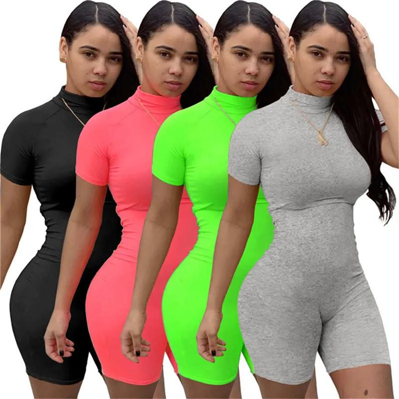 Women's Jumpsuits & Rompers Casual Bodycon Playsuit Summer Solid Womens Romper Short Sleeve Bodysuit Running Wear Biker Shorts Joggers Femme