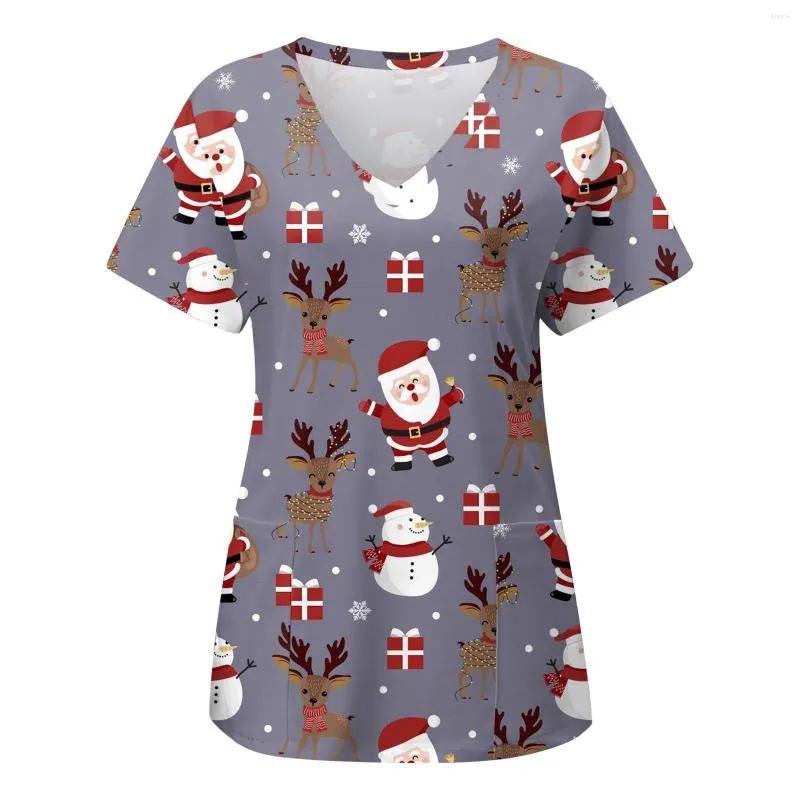 女性のTシャツ女性クリスマスプリント半袖ポケットvネックオーバーオールシャツトップレディースワークアウト