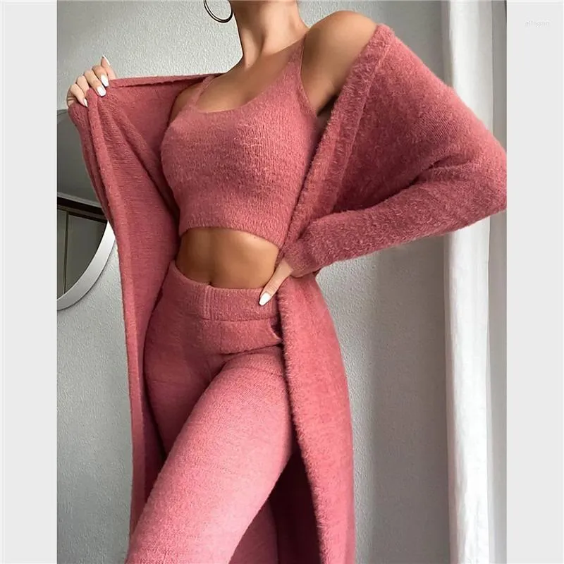 Women's Sleepwear 2023Women Tracksuit Sets Plush Velvet Tank Tops Shorts Cardigan Coat Three Piece Pajama Lounge Wear Causal Pajamad 3XL