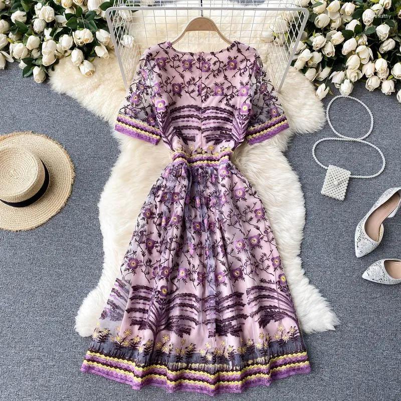 Festklänningar 2023 Autumn Purple Overlays Flower Dress Women Short Sleeve Crew Neck Wedding Elegant Mesh Brodery Runway Vestidos