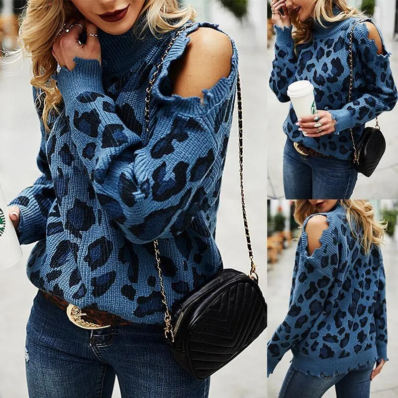Kvinnors tröjor Autumn and Winter Fashion Women's Leopard Print High Neck Long Sleeve Off-the-Shoulder Casual Loose Knit tröja Kvinnor
